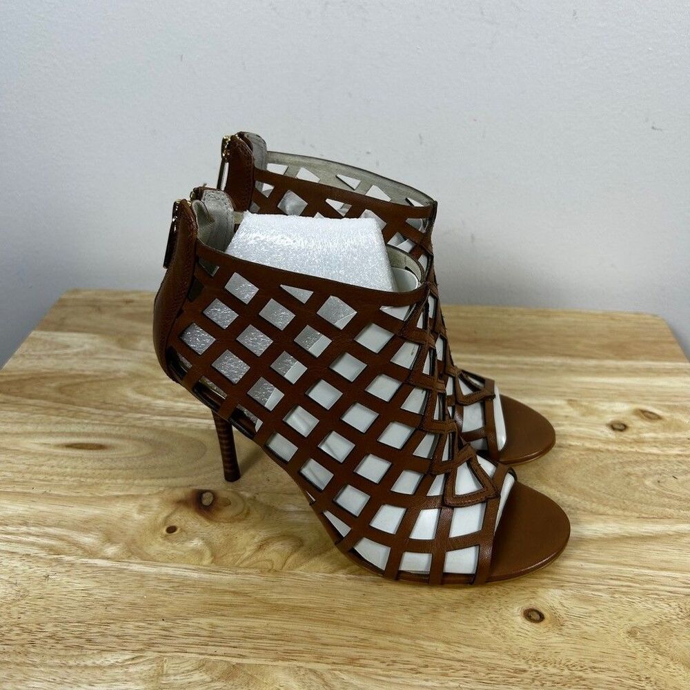 Michael Kors Yvonne Bootie Luggage Brown Leather Cage Heels Womens Size 6.5M